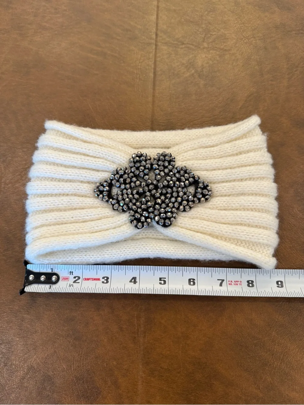 Crystal-Embellished Cream Knit Headband